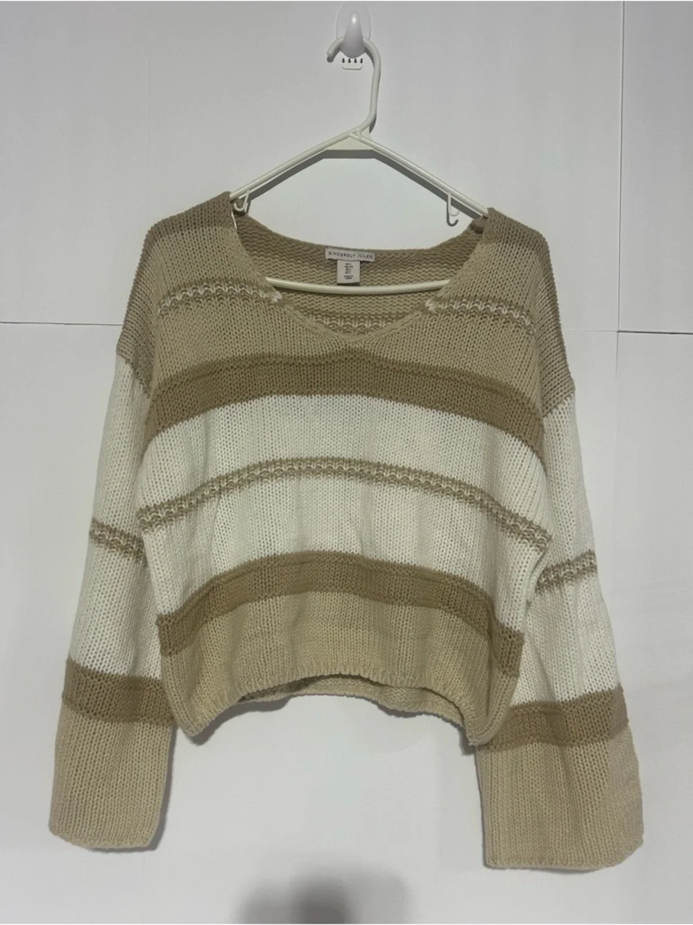 Sincerely Jules Cozy Striped V-Neck Sweater in Cream and Tan